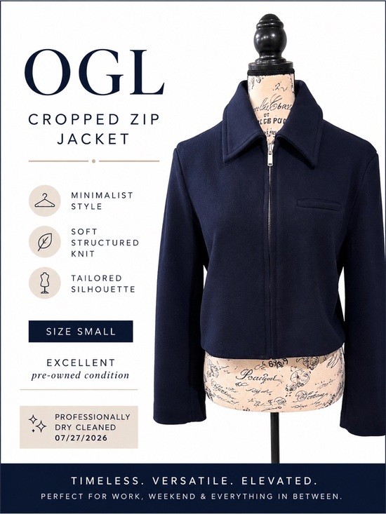 OGL Jackets & Blazers - OGL Navy Cropped Zip Front Jacket Size Small | Minimalist Collared Jacket |